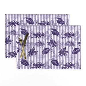 Tropical Foliage on Vertical Pinstripes in Digital Lavender - Coordinate
