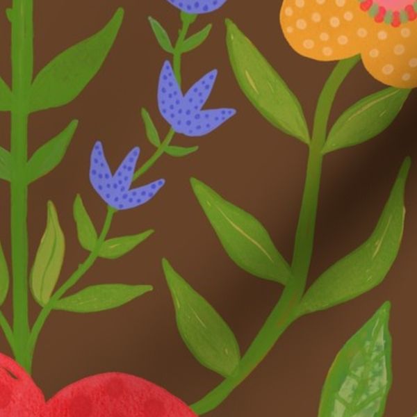 Boho Watercolor Floral red blue and orange flowers on Van Dyke brown