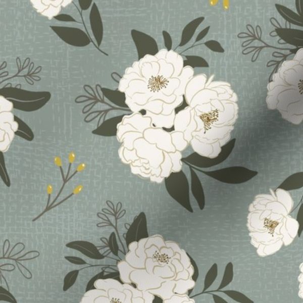 Peony Spring Blooms White on Teal with gold buds