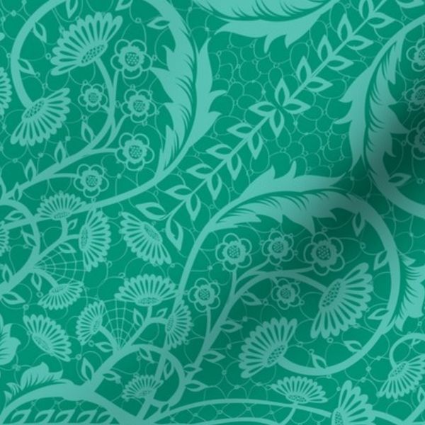 Dark turquoise tonal classical floral vines in maximalist layout - large