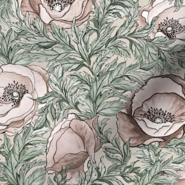 Poppy Garden/neutral taupe light sage Large Scale Poppy Garden Poppies