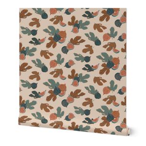 Figgy Fall MED - chestnut brown figs teal + gold leaves on light peach