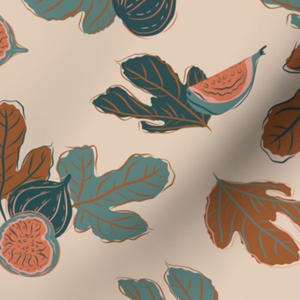 Figgy Fall MED - chestnut brown figs teal + gold leaves on light peach