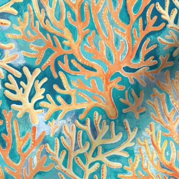 Desaturated golden orange coral on ocean blue custom request medium