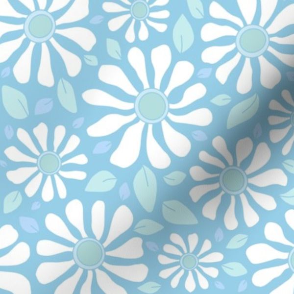 Boho Blooming 70's Daisy. White Daisy. SMALL SCALE. Blue Background. Throw.