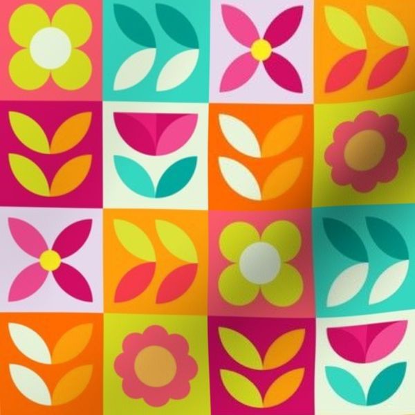 Mid Mod Retro Flower Checkerboard - Orange Coral Magenta Aqua Quilt - 1.5"