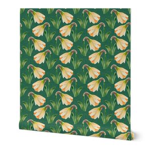 Watercolor Daffodils on Emerald Green with Texture var1 Large Scale