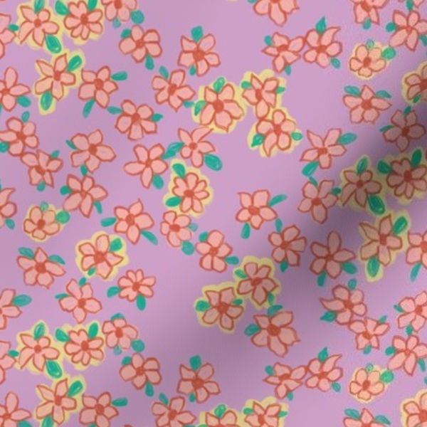 Handpainted Floral Scatter on Purple Pink Orchid Ditsy Daisy