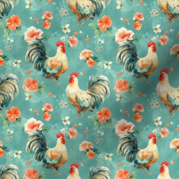 Cute Chicken Breeds Floral Chicken Fabric Blue Turquoise