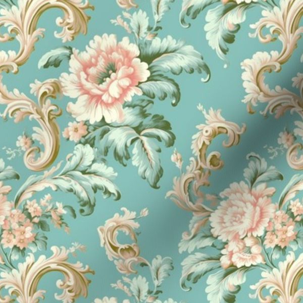 Enchanting Rococo Blooms Pink Roses on Minty Background