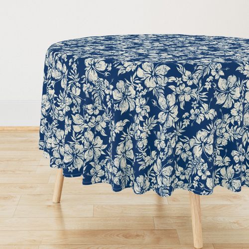 Hibiscus Pareau - Distressed Hawaiian Floral- Indigo Blue (Large Size)