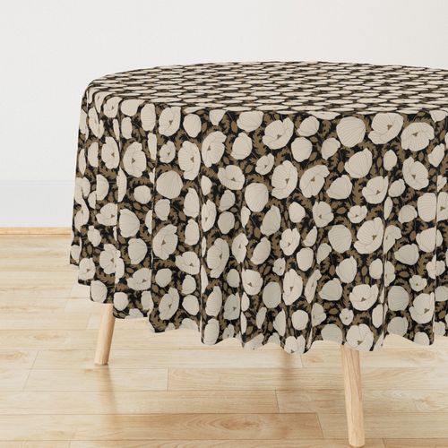 mid Retro Boho Poppy flower field line drawing - beige gold brown black