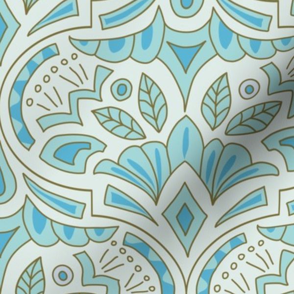 (L) French Country Medallion Ogee Ocean Turquoise Modern Damask Moroccan