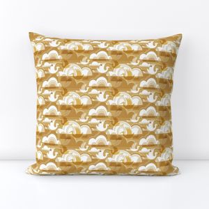 Scandinavian Crane & Clouds - Mid Century Modern Birds Golden Ochre (S)