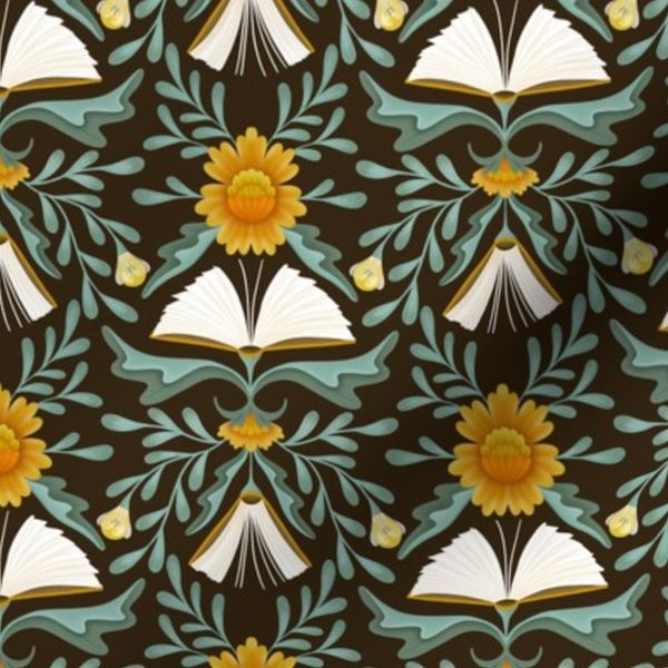 (S) Books disguised as flowers maximalist folk art book library orange teal