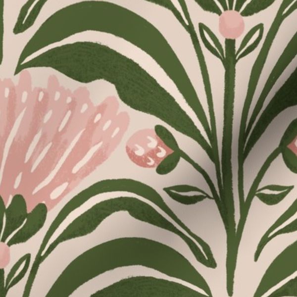 Symmetrical geometric florals with leaves Cream Pink Large