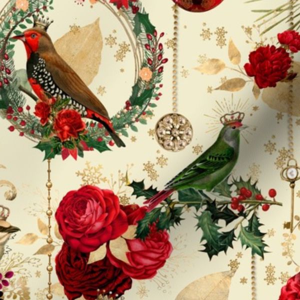 Nostalgic Christmas Splendor Red Gold And Green On Beige Medium Scale
