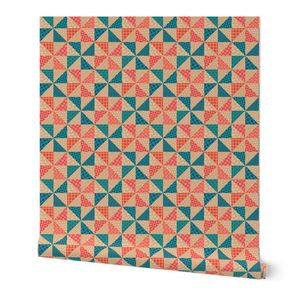 Pinwheel Geometric Faux Patchwork Quilt Pink Rust Blue Turquoise Beige SM
