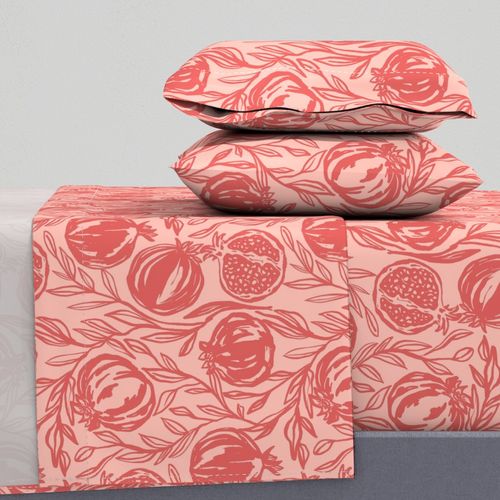 pomegranate and leaves bold block print in crimson red and light coral pink