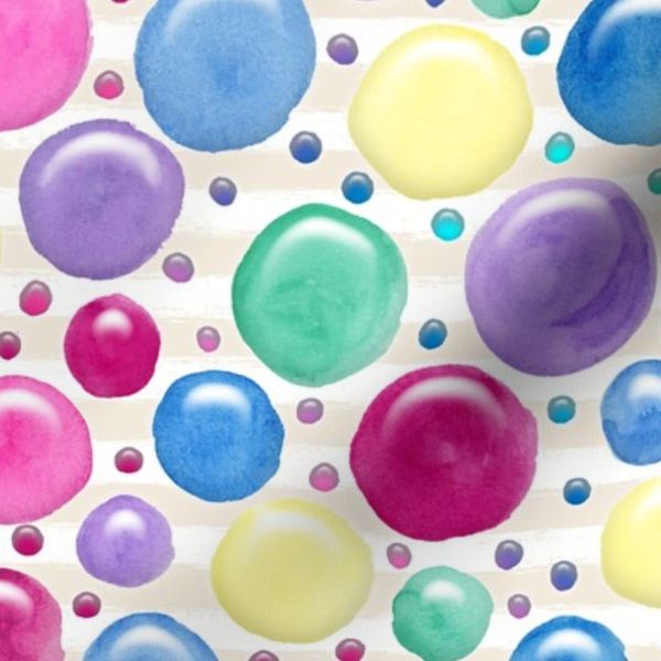 Medium Bright Pink Blue Green Yellow Lavender Watercolor Bubbles on Cream