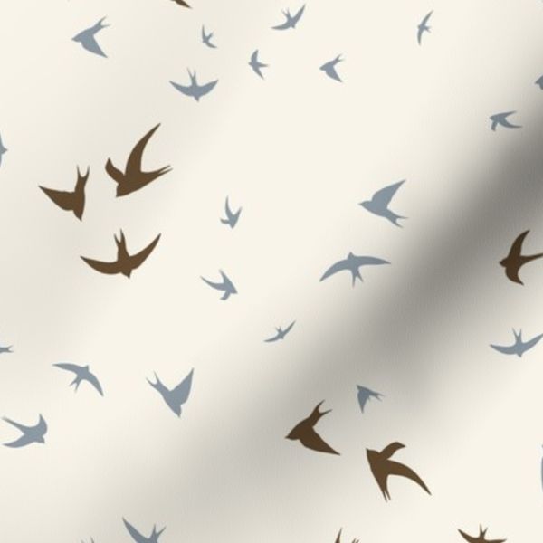Medium scale Hand drawn swifts flying birds Blue and cream
