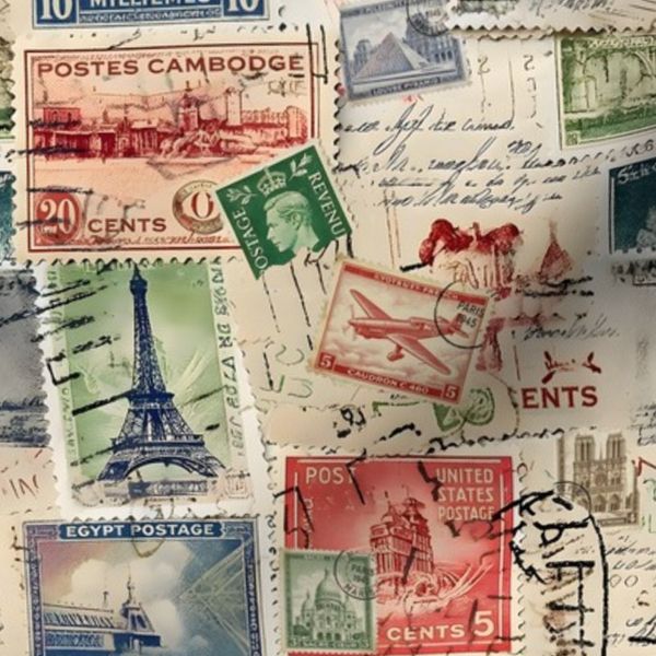 Vintage Stamps and Postcards - Tan/Red