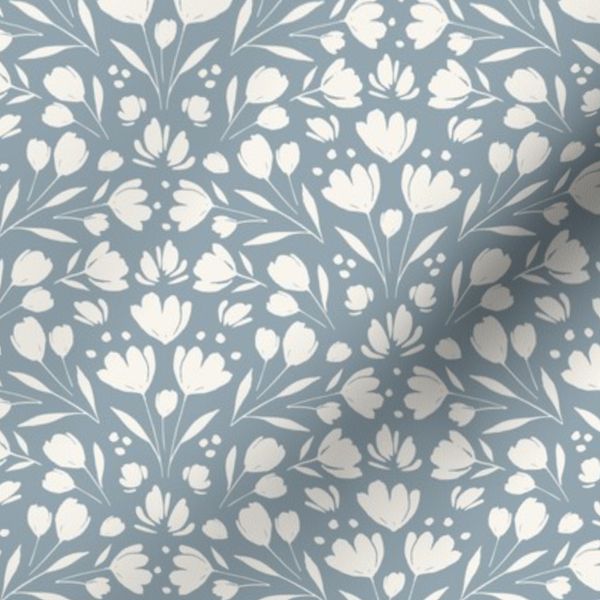 Folk Scandi Florals Flowers Cottagecore Vintage Heritage Diamond Grey Blue