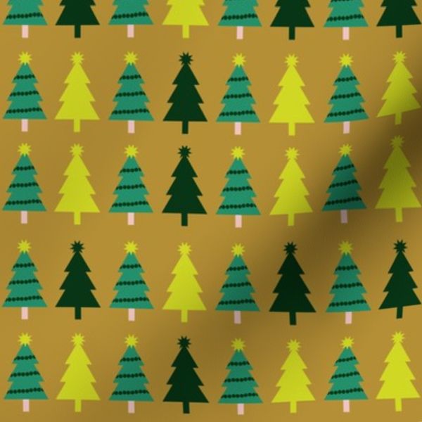 Christmas Trees Modern - Mustard Yellow Brown Green Yellow