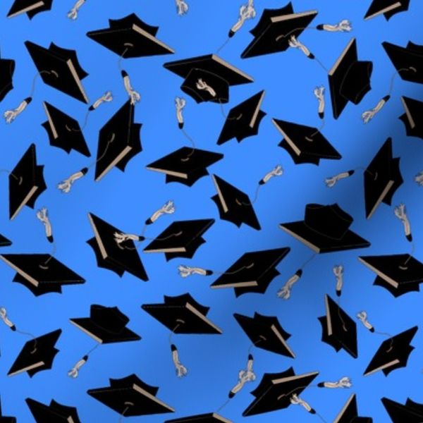 Graduation Caps Thrown in the Air - Black on Blue