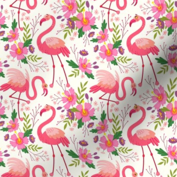Exotic tropical pink flamingos flowers and leaves. Stylish floral and bird