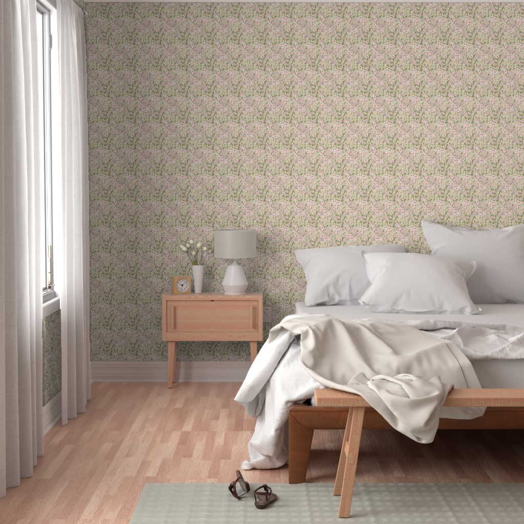 Bedroom with a bright window, bed and wood furniture with Peel and Stick wallpaper on the walls