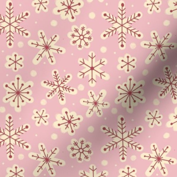 Hand Drawn Snowflakes in Pink Red Cream - Medium Scale