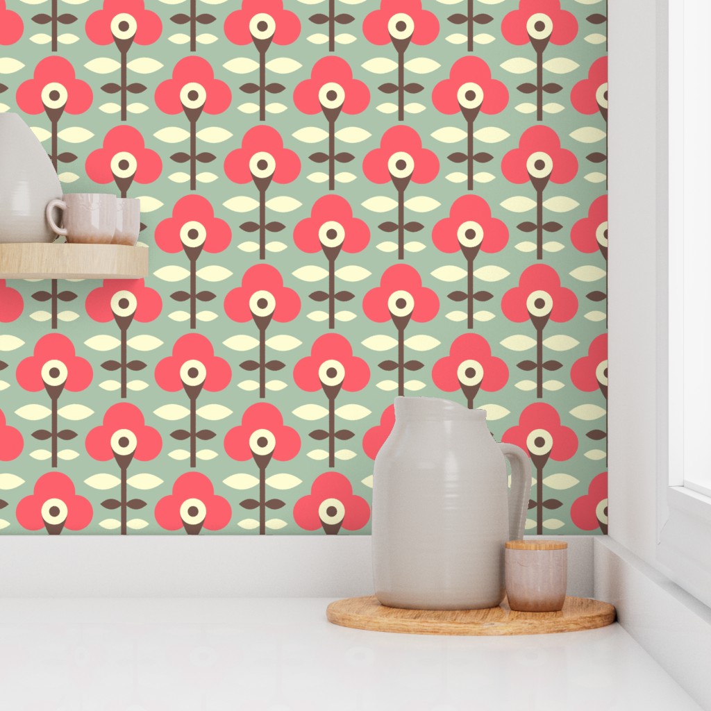 Corner of a kitchen counter with a window and shelf showing Peel and Stick wallpaper on the walls