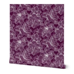 Amaryllis Belladonna Lilies Line Drawing White on Plum Purple