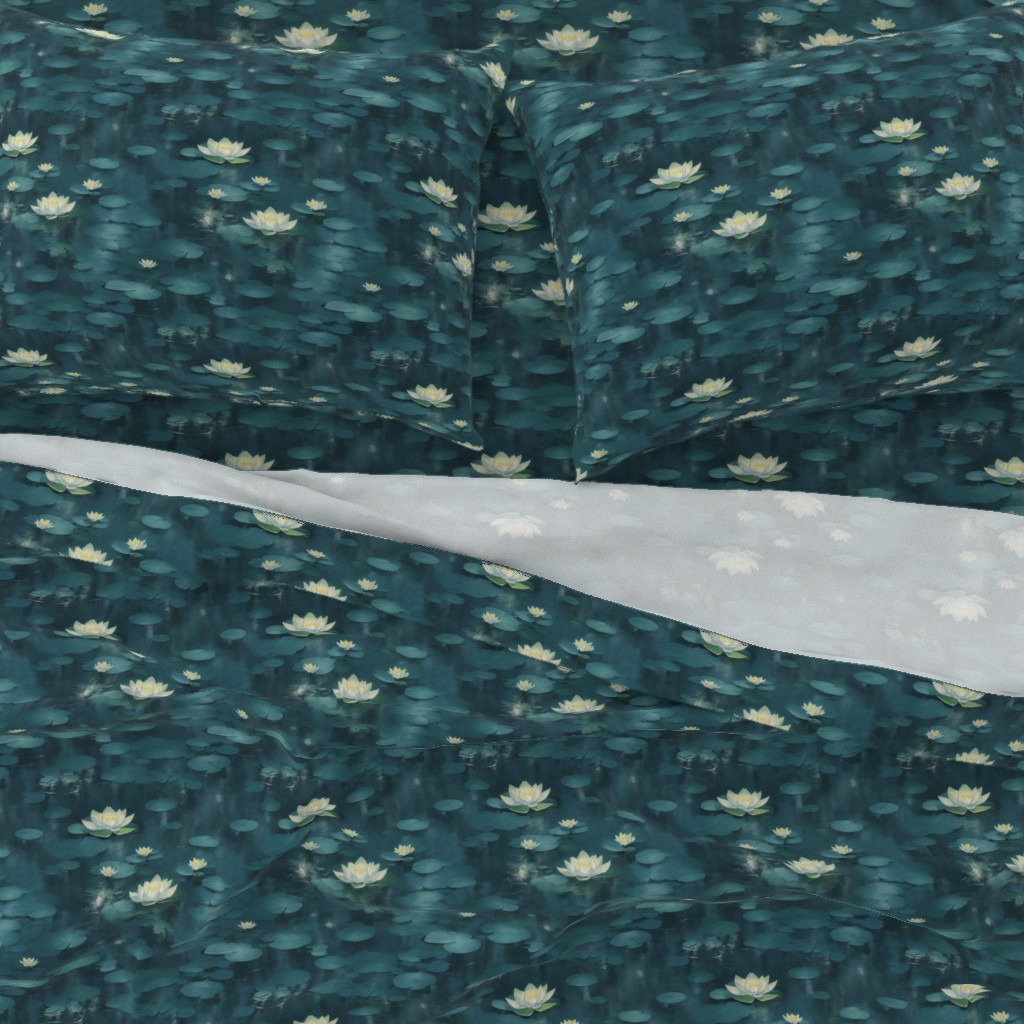 A close-up top down view of a bed with pillowcases and the top sheet pulled down slightly