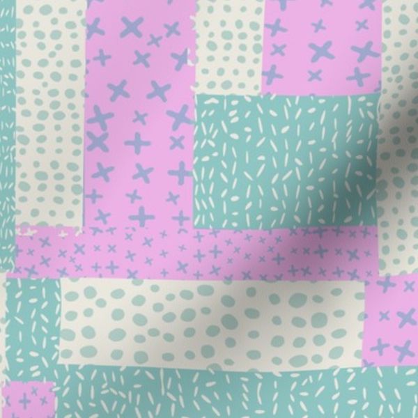 Faux Patchwork quilt Dotted & Lined Fusion-green cream and pink