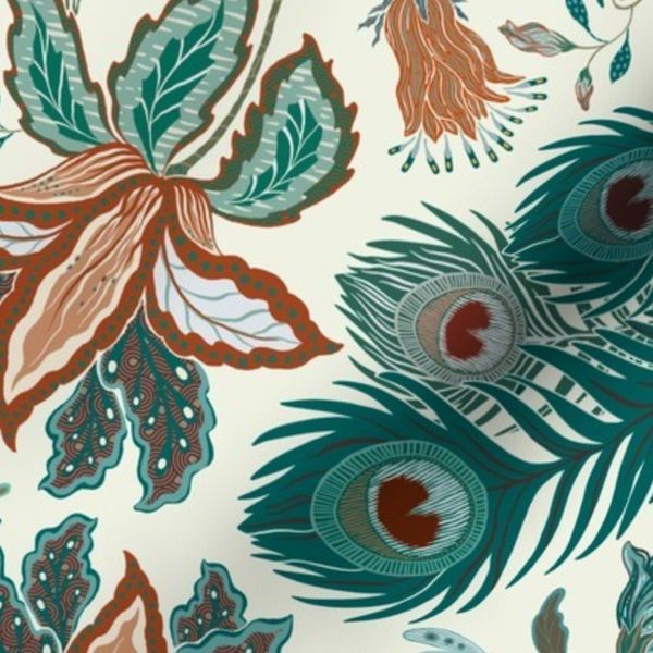 Jacobean Peacock Garden on Warm White