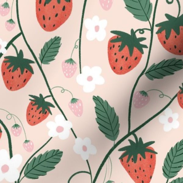 Red and Pink Strawberry Vines on Blush Fabric