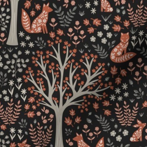 Fox and Maple Forest in Orange Tan and Gray on Charcoal / Medium