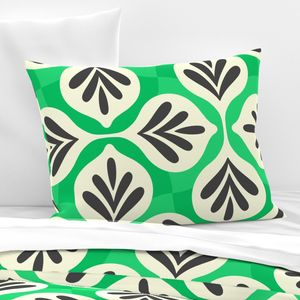 Large beige black abstract leaves and bright hot spring green groovy checks