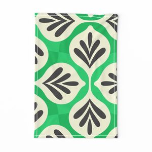 Large beige black abstract leaves and bright hot spring green groovy checks