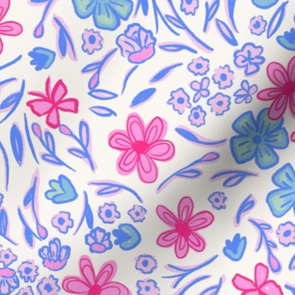 Blue and Pink Floral White Medium