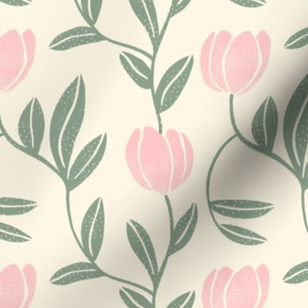 Hand Drawn Pink Tulips with Sage Green Vines Cream Colored Ground