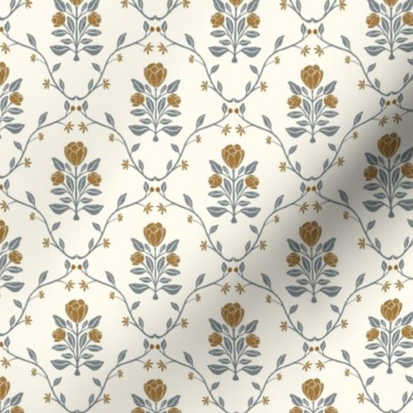 Vintage Botanical Tulip Block Print in Pink Cream and Yellow Classic