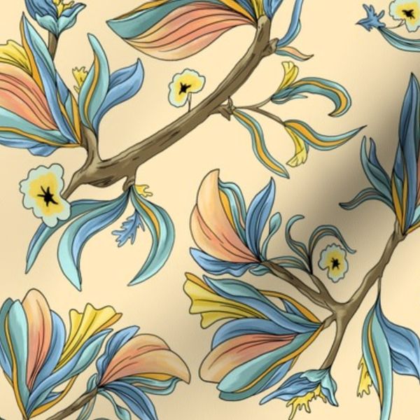 Flower birds Lemon yellow light blue and peach pink (Large scale)