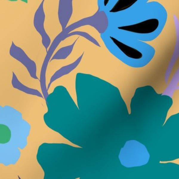 Modern retro flower garden - yellow blue green and purple