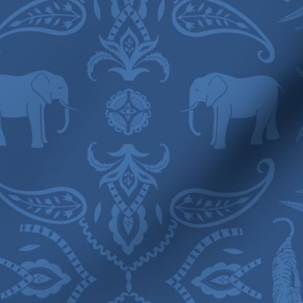 M - Indian jungle damask elephants tigers and ornaments cobalt blue