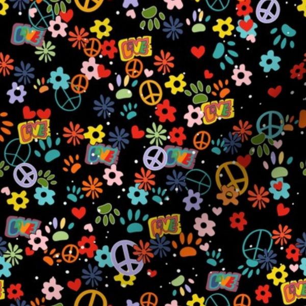 Love and piece cool pet vintage colors on black groovy pet paws flowers and