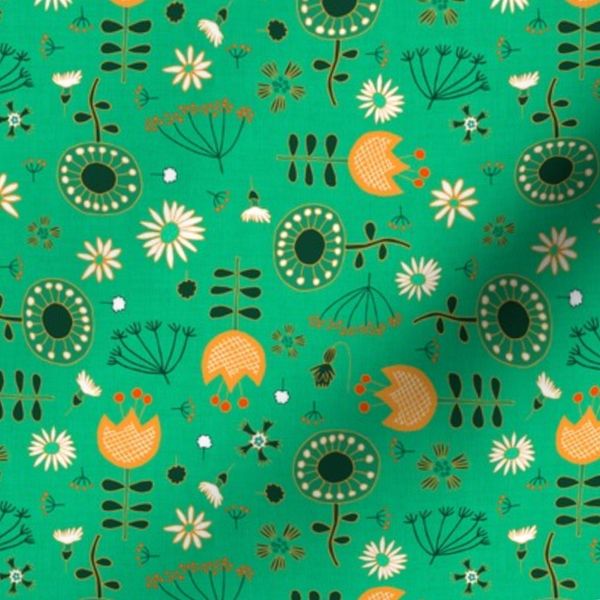 scattered retro flowers on grass green small