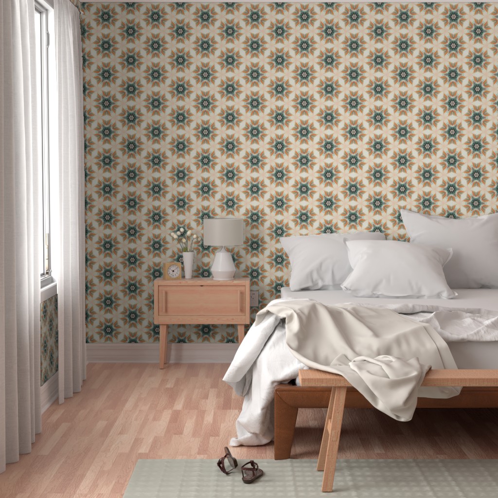 Bedroom with a bright window, bed and wood furniture with Peel and Stick wallpaper on the walls